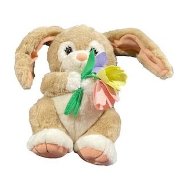 Dakin "tulip tickle bunny" tan plush rabbit holding flowers, wired lop ears 12" - Picture 7 of 10